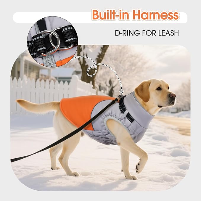 DENTRUN Dog Coat with Harness Built in, Outdoor Reflective Dog Jacket, Windproof Water-Repellent No Sleeves Coat for Large Golden Retriever, Orange, XL