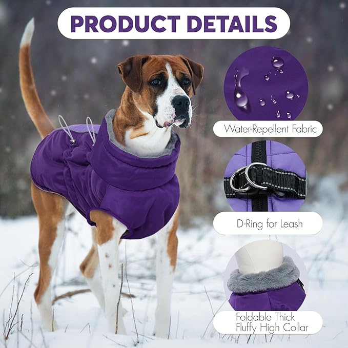 IDOMIK Warm Dog Coat with Harness, Waterproof Reflective Dog Jackets for Small Medium Large Dogs, Fleece High Collar Winter Jacket with Zipper, Pet Winter Snowsuit Clothes for Cold Weather,Purple L