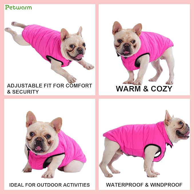 PetWarm Reversible Dog Winter Coat, Windproof Dog Puffer Vest, Soft Vest for Dogs with Hook-and-Loop Strap for Easy Dressing, Waterproof Coat for Dogs with Adjustable Fit, Pink, L