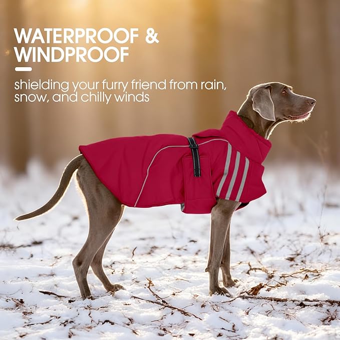 FUAMEY Dog Cold Weather Coats,Dog Winter Jackets for Large Dogs Warm Dogs Coat with Reflective Strips Waterproof Pet Snowsuit Thick Paded Pets Vest for Labrador Golden Retriever Wine Red 2XL