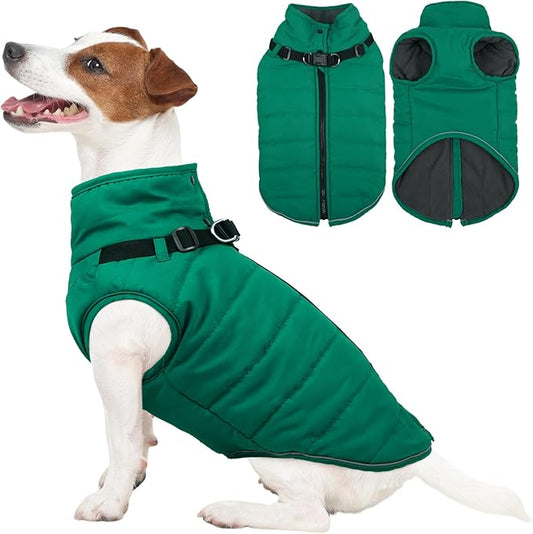 Kuoser Dog Jacket, Warm Dog Coat with Harness Built in for Small Dogs, Puppy Winter Jacket Pet Clothes for Cold Weather, Windproof Doggie Winter Vest for Pug Dachshund, Green S