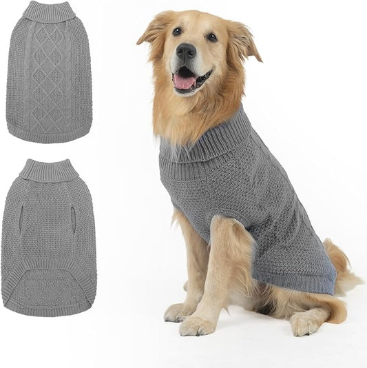 Mihachi Turtleneck Dog Sweater - Winter Coat Apparel Classic Cable Knit Clothes with Leash Hole for Cold Weather, Ideal Gift for Pet in New Year Grey M