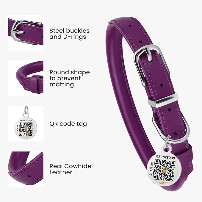 BRONZEDOG Rolled Leather Dog Collar for Small Medium Large Dogs with QR ID Tag (L: 16-18 Inch, Plum)
