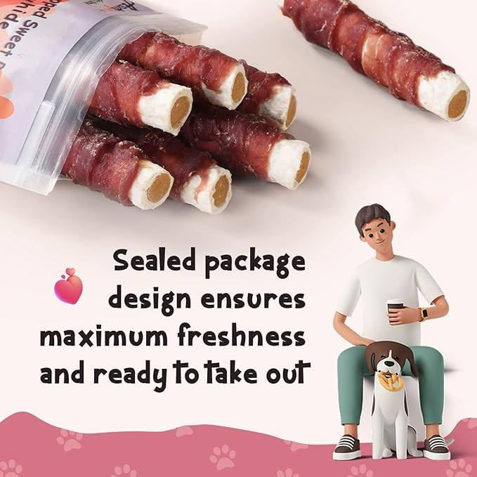 ASMPET Dog Treats Bones, Duck Wrapped Rawhide Sweet Potato Sticks for Small Medium Large Dogs（6pcs）