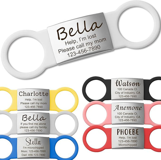 Anavia Slide On Silent Pet ID Tags, S/M/L/XL Personalized Multi-Color Silicone Band Cat Dog Name Tags, Customized Engraved Stainless Steel, Chew-Proof Quiet Dog Collar Tags (Small, White)