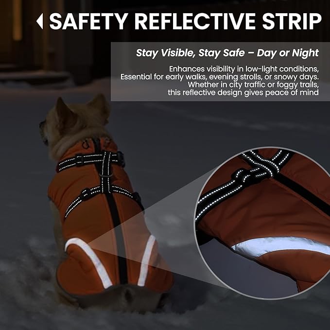 QBLEEV Warm Dog Coat for Medium Dogs, Waterproof Dog Winter Jacket with Built-in Harness & Reflective, Snowproof Warm Coat with Zip Closure, Windproof Neck Drawcord Snow Jackets, Orange, L