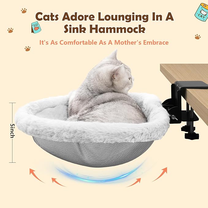 Secure Cat Desk Bed - Extra-Large Clamp & Sunken Hammock Design, Comfy Cat Desk Hammock with Faux Rabbit Fur Cover, Removable & Washable, Holds Up to 40lbs
