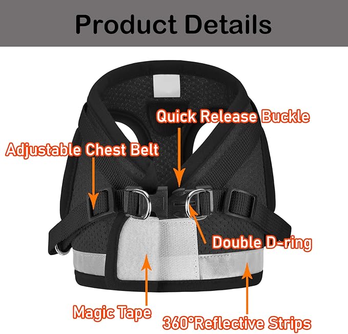 Cat Harnesses and Puppy Harness with Leashes Set, Escape Proof Cat Harness, Adjustable Reflective Soft Mesh Vest Fit Puppy Kitten Rabbit Ferrets's Outdoor Harness(blackXL)