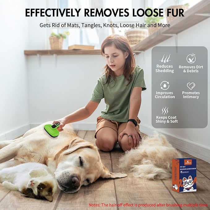 Dog Self Cleaning Slicker Brush for Shedding, Ideal for Short Long Haired Dogs, Including Cat. Removes Loose Fur, Undercoat, Mats, Tangled Hair. Suit for Large Medium Small Animal, Green