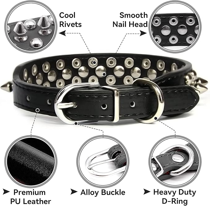 Spiked Dog Collar Soft Pu Leather Mushrooms Rivet Spike Studded Puppy Adjustable Pet Collars for Small Breeds (XS, Pink Set)