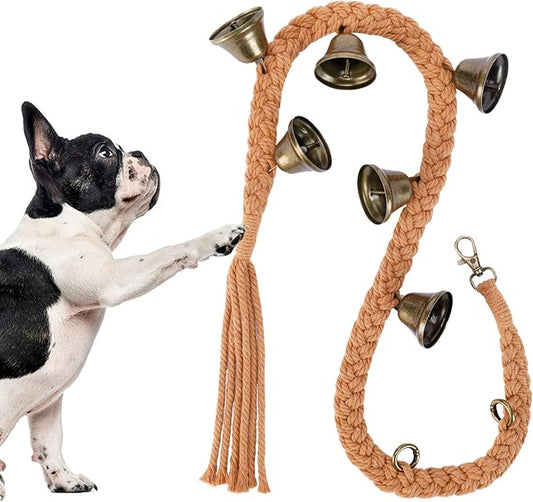 Dog Bell for Door Potty Training, Cotton Handwoven Dog Doorbell with 6 Extra Loud Bells for Dog Training, Adjustable Hanging Door Bell for Small Medium Large Dogs to Ring to Go Outside, Brown