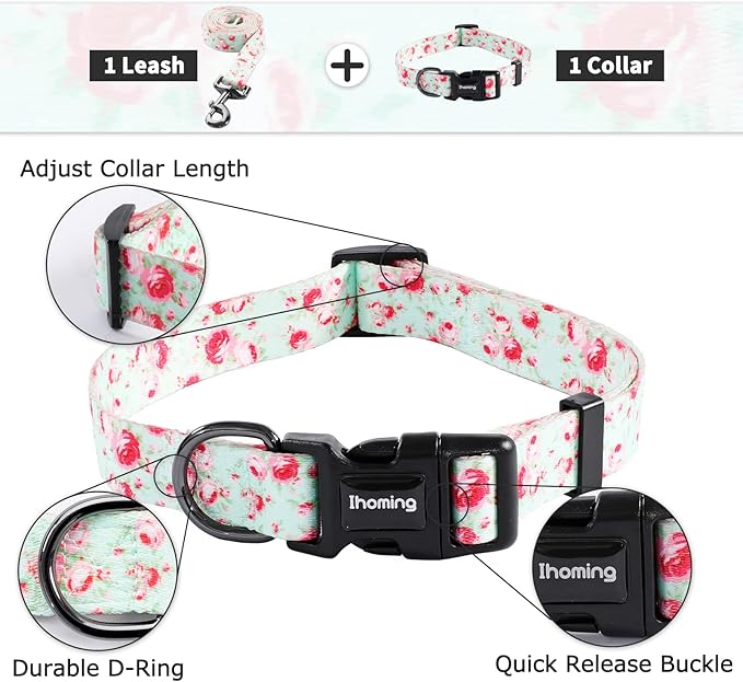 Ihoming Dog Collar and Leash Set for Daily Outdoor Walking Running Training, Floral GreenLake Design for Large Boys Girls Dogs Cats Pets, L-Up to 80LBS