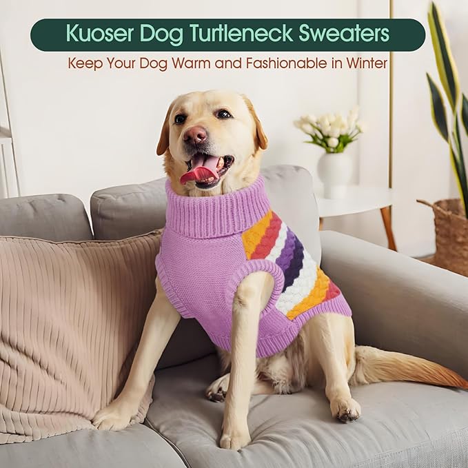 Kuoser Dog Sweater, Pet Cable Knitted Pullover Puppy Warm Clothes, Dog Turtleneck Classic Knitwear Soft Thickening Outfit, Cold Weather Xmas Thermal Wear for Large Size Dogs, Purple 3XL