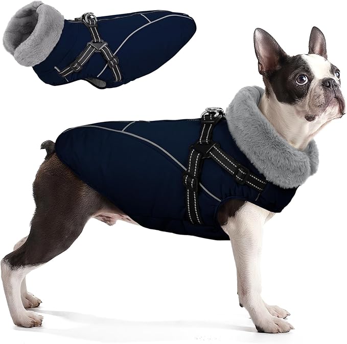 Queenmore Dog Jackets for Large Dogs, Dog Coat with Harness Built in,Waterproof Dogs Coats with Zipper On Back,Warm Fleece Lining Cold Weather Pet Coats with Furry Collar for Labrador,NavyBlue,L