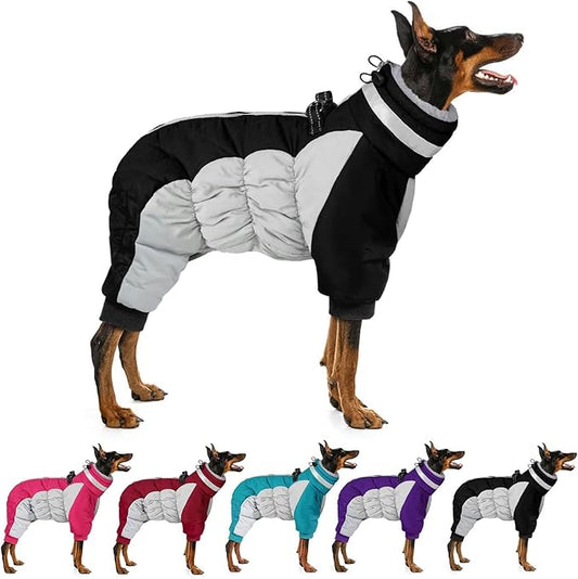 MIGOHI Full Body Dog Coat - Warm Reflective Large Dog Winter Coat with Harness,Turtleneck Fleece Jacket for Dogs,Four-Leg Windproof Puffer Jackets Snowsuit with Zipper for Small Medium Large Dogs,3XL