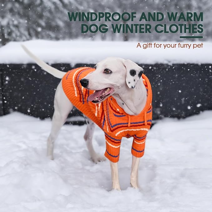 Kuoser XL Dog Sweater, Dog Sweaters for Large Dogs, Girl Boy Christmas Sweater, Striped Knitwear Big Dogs Winter Clothes, Cold Weather Warm Pet Sweatshirt for Golden Retriever, Labrador, Orange XL