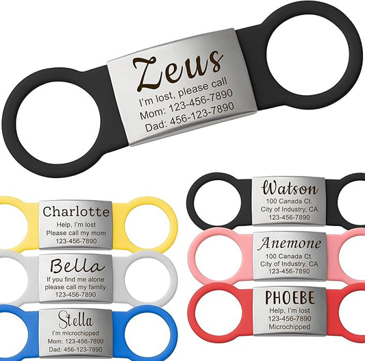 Anavia Slide On Silent Pet ID Tags, S/M/L/XL Personalized Multi-Color Silicone Band Cat Dog Name Tags, Customized Engraved Stainless Steel, Chew-Proof Quiet Dog Collar Tags (Small, Black)