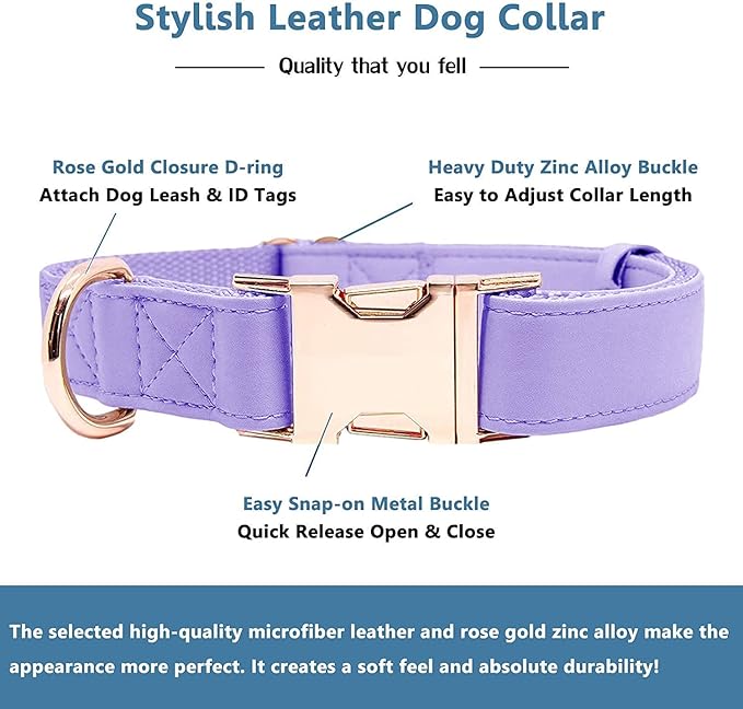 Soft Leather Dog Collar and Leash (6.6') Set - Stylish Rose Gold Heavy Duty Metal Buckle, 4 Adjustable Lengths Leash for Small Medium Large Dogs - Comfortable & Easy to Clean (S, Light Purple)