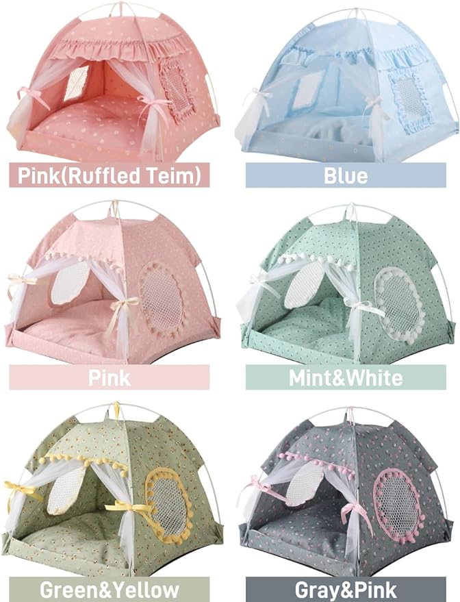 Cat Bed Tents Dog House Indoor Outdoor Lace Mesh Breathable Windows Door Curtains Removable Portable Nest Teepe House (Large,Pink(Flower))