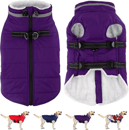 Dogcheer Dog Coat with Harness, Waterproof Dog Jacket Adjustable Pet Winter Coat with Zipper, Christmas Puppy Snow Jacket Fleece Sweater for Small Medium Large Dogs - Purple L