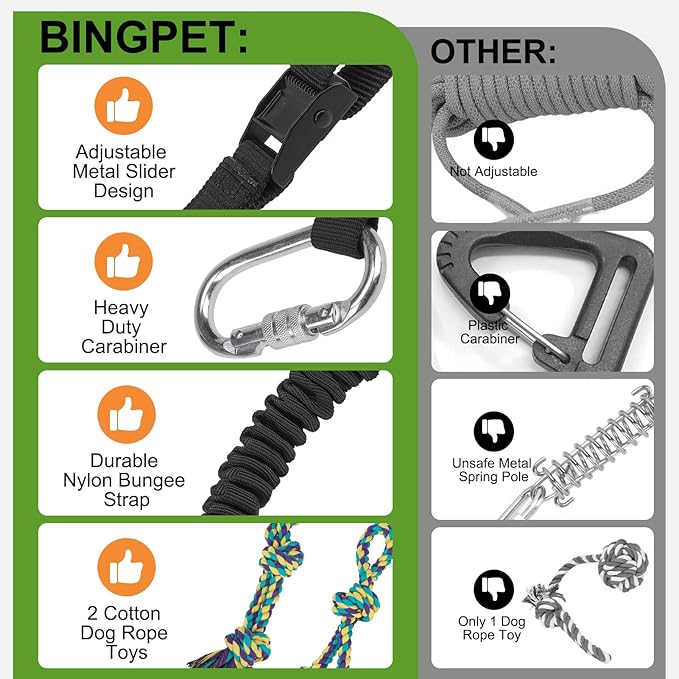 BINGPET Outdoor Dog Hanging Bungee Tug Toy,Heavy Duty Tether Tug of War Dog Toy with 2 Chew Rope Toys for Pitbull Small Medium Large Dogs Interactive Exercise and Fun Solo Play Outside