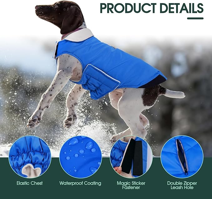 Kuoser Dog Coat Large, Cold Weather Reflective Waterproof Dogs Jacket with Warm Fleece Lining, Turtleneck Dog Winter Coat with Zipper, Doggy Snow Jacket Pet Coats for Small Medium Large Dogs, Blue 2XL