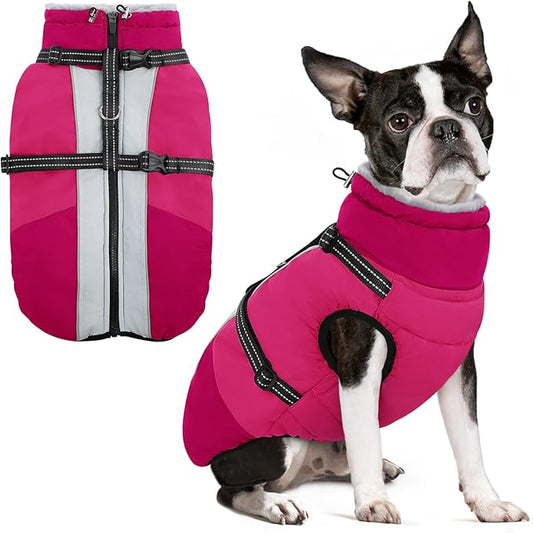 SUNFURA Dog Winter Coat, Warm Dog Coat with Harness for Medium Dogs Boys Girls, Reflective Fleece Lined Pet Winter Jacket Snowsuit for Pug, Jack Russel, Schnauzer, Hot Pink M