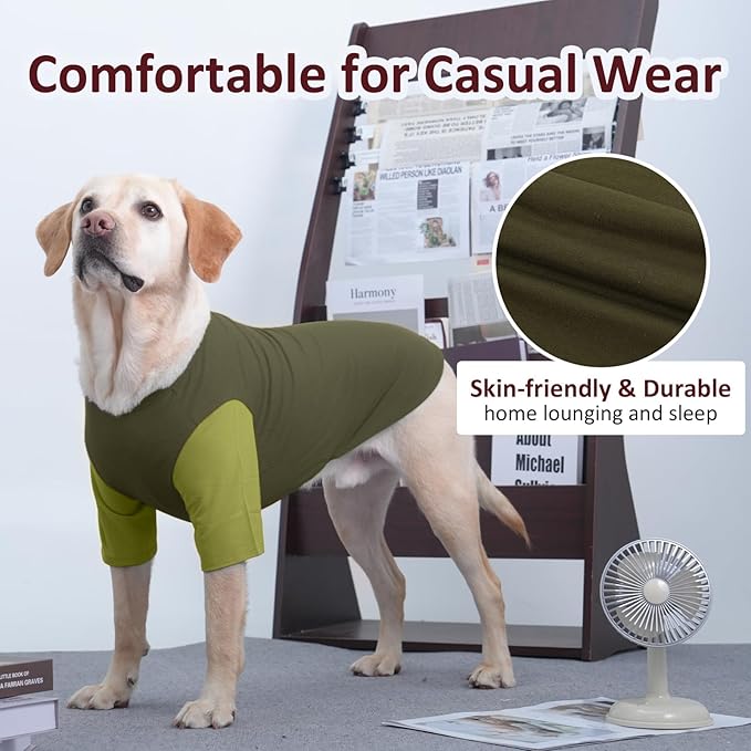 2 Pack Large Dog Shirts for Summer - Stretchy Breathable Cotton Dogs T-Shirt, Protect Skin Easy On and Off Dogs Clothes for French Bulldog, Pug, Daily Wear, Park, Travel, Beach Trips, Green