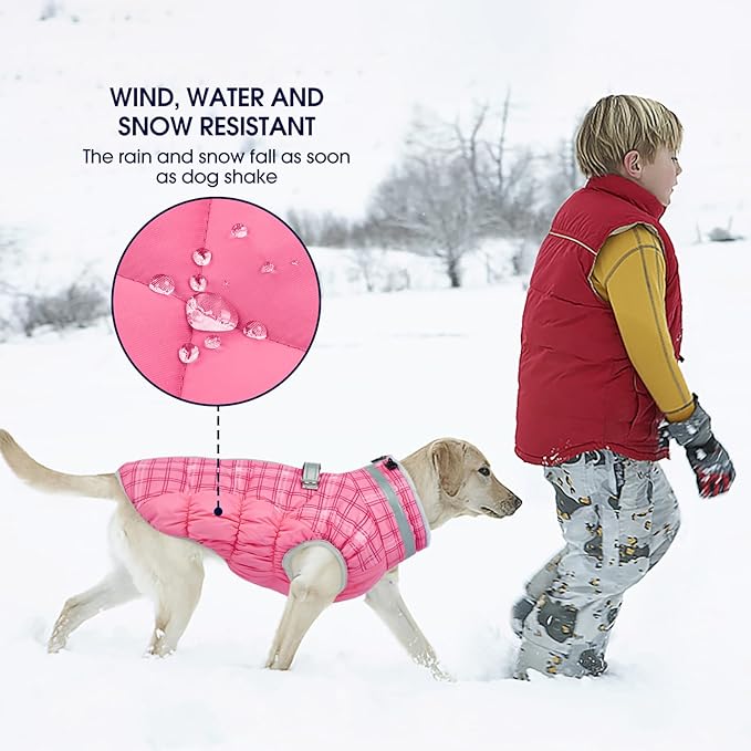 FUAMEY Dog Coat for Large Dogs,Waterproof Dog Winter Jacket with Harness Built in Puppy Cold Weather Coats Reflective Pet Vest with Zipper Warm Fleece Dogs Snowsuit Windproof Rose Plaid 2XL