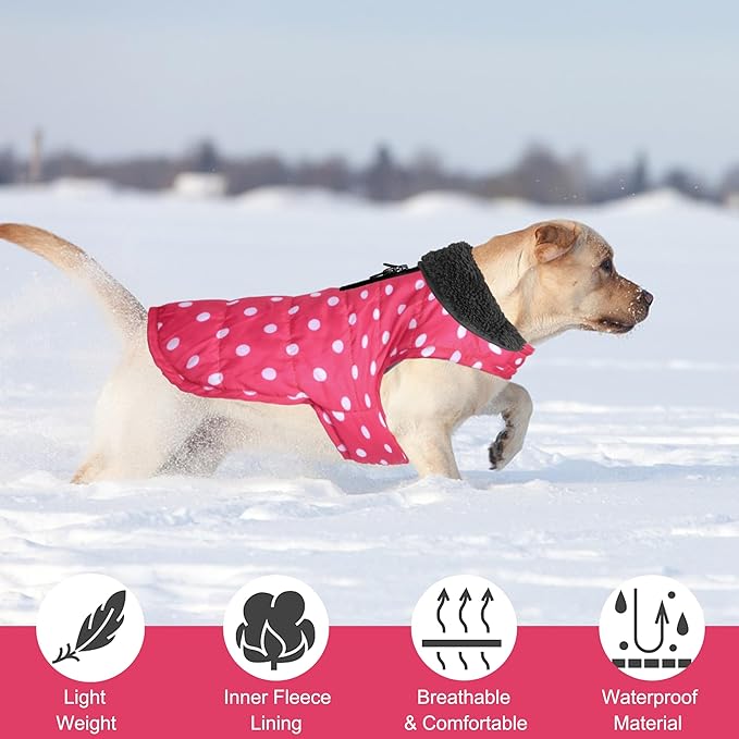 Dog Winter Coat, Waterproof Dog Jacket with Leash Hole, Reflective Adjustable Pet Snow Vest, Warm Fleece Sweater for Small Medium Large Dogs - Pink Polka Dot, S