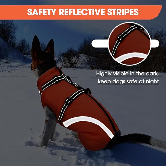 BRKURLEG Dog Winter Jackets for Medium Dogs, Dog Coat with Harness Built in, Dogs Snowsuits with Zipper, Waterproof Windproof Pet Puffer Jacket Fleece Vest for Pug, French Bulldog, Orange M