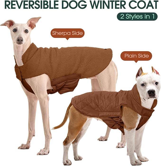 Kuoser Reversible Dog Coat – Warm Fleece & Quilted Waterproof Dog Jacket, Double-Sided Cold Weather Dogs Winter Coat with Harness Hole, Windproof Pet Snow Vest for Small Medium Large Dogs, Brown 2XL