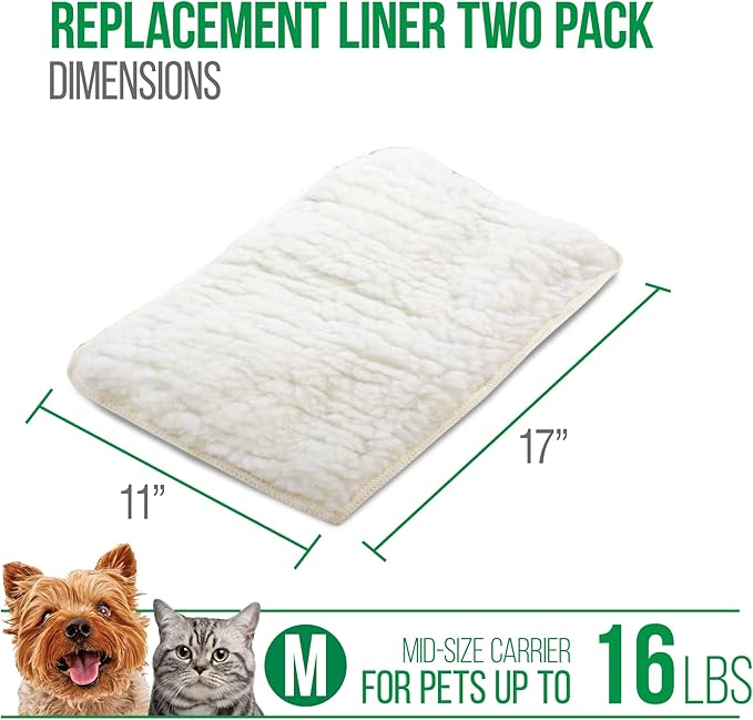 Sherpa Replacement Liners for Travel Pet Carriers - Soft Absorbent Cat & Dog Kennel Pad with Waterproof Backing, Machine Washable Crate Pads, 16.5x11.25in - 2 Pack, White, Medium