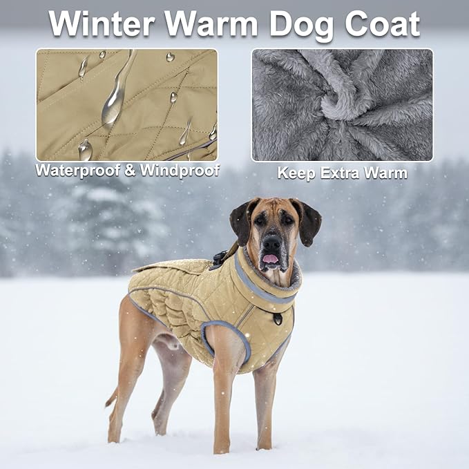 Dog Coat, Warm Dog Winter Coat for Large Dogs, Waterproof Jacket with Harness Built in, Reflective Turtleneck Cold Weather Coats with Zipper,Pet Fleece Vest Snow Jacket, Brown XXL