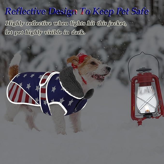 Dogcheer Dog Coat, American Flag Dog Jacket Waterproof Puppy Winter Coat for Cold Weather, Reflective Adjustable Pet Snow Jacket Fleece Sweater for Small Medium Large Dogs - USA Flag, S