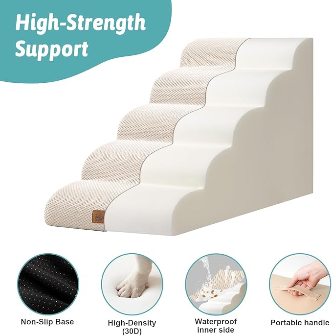 Extra Wide Dog Stairs 19.7" Width, Pet Step for Small Medium/Large Dog, Puppy or Cat, Pet Ramp for High Bed or Car, High Density Foam Ladder, Stable, 5 Step, 19.7x33x22.4 in, Beige