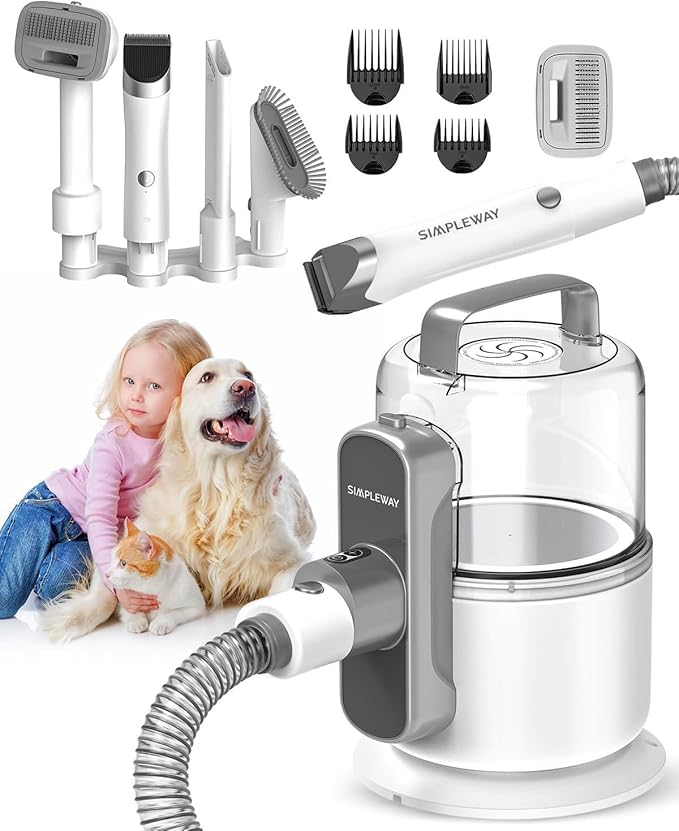 Dog Vacuum Grooming Kit for Shedding: Professional Hair Clippers Pet Groomer - Strong Suction Cleaner Deshedding Tool Fur Brush Attachment Trimmer for Home Cat (Cream White)