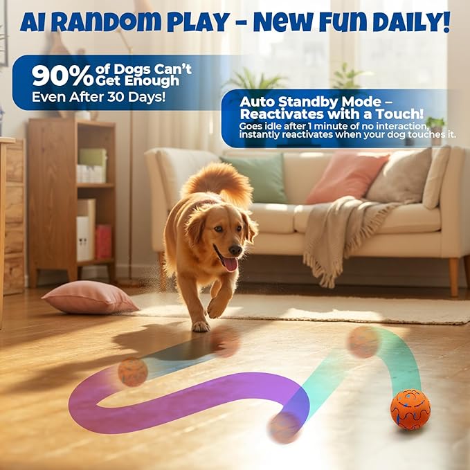 Dog Balls: Interactive Dog Ball Auto Rolling - Interactive Dog Toys for Aggressive Chewers - Bouncy & Throwable, Type-C Rechargeable, Washable, for Small & Medium & Large Dogs – Orange