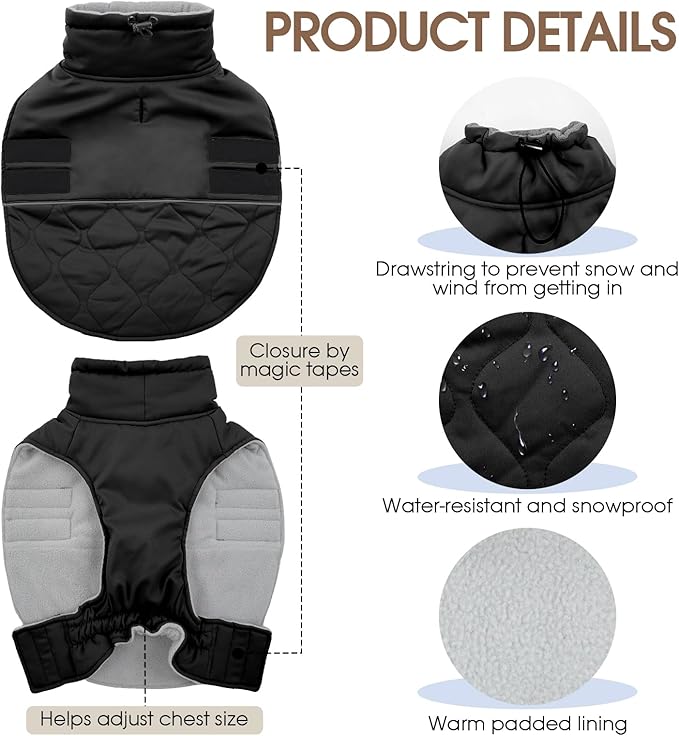 FUAMEY Dogs Warm Jackets Cold Weather, Extra Large Dog Coat Fleece Lined, Thermal Sow Winter Outfits, Adjustable Sleeveless Doggy Vest with Harness Hole (Black, 2XL)