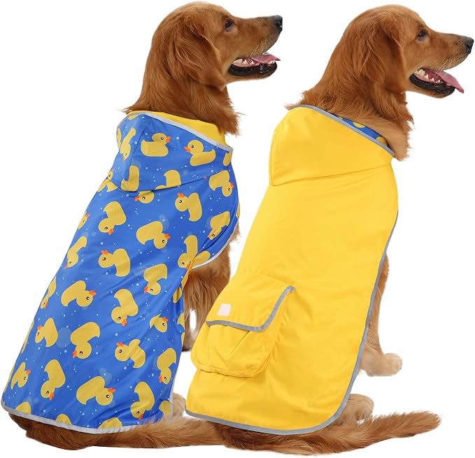 HDE Reversible Dog Raincoat Hooded Slicker Poncho Rain Coat Jacket for Small Medium Large Dogs Ducks Yellow - L