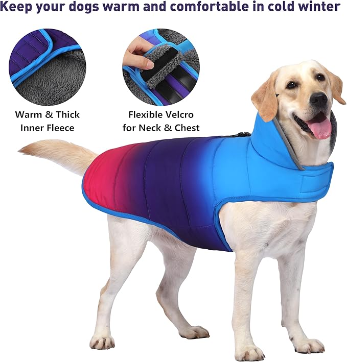 Dog Winter Coat, Waterproof Dog Jacket with Leash Hole, Reflective Adjustable Pet Snow Vest, Warm Fleece Sweater for Small Medium Large Dogs - Gradient Blue, M