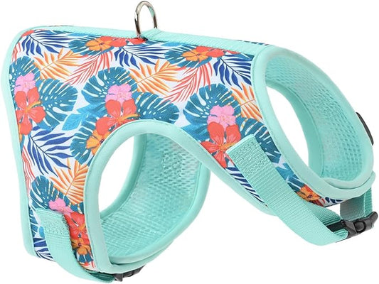 Mile High Life Dog Harness, Air Mesh Floral Vest Harness for 20 lbs Small Dogs & Cats, Easy Get on Adjustable Easy Closures Both Neck and Chest(Green Flower, M Chest 18"-20")