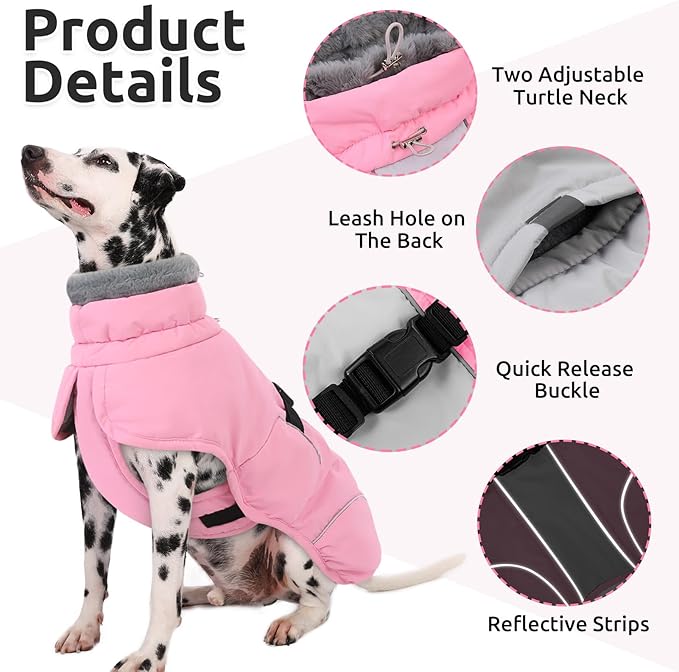 Queenmore XL Dog Jackets, Dog Coats for Large Breeds Winter Waterproof, Thick Fleece Lining Doggie Coats for X-Large Dogs Winter, Pet Jackets, Pink, XL