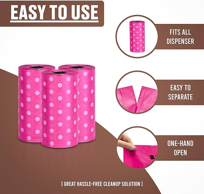 Parisian Pet Ecofriendly Dog Poop Bags Rolls - 160 Count Unscented Poop Bags For Dogs - Leakproof, Extra Thick, 8 Dog Waste Bags Refill Rolls - Stripes Dots Pink Doggie Poop Bags