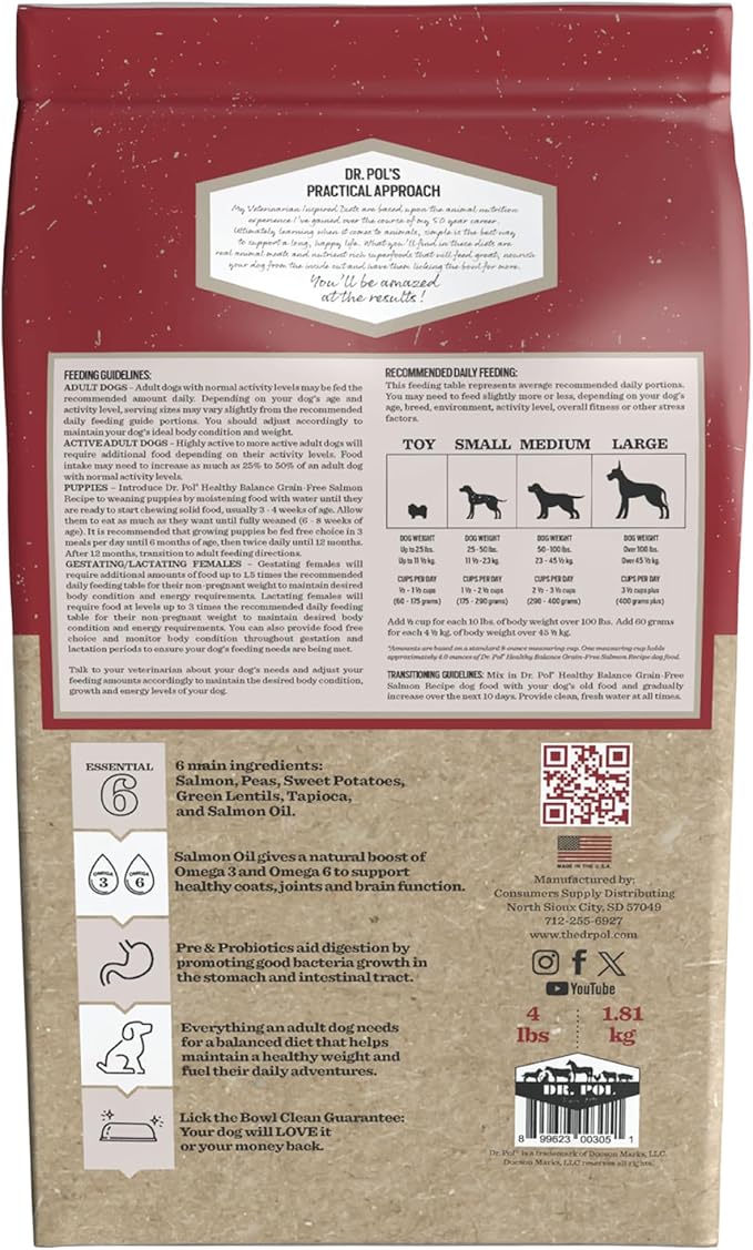 Dr. Pol Grain Free Salmon Dog Food - Premium Natural Dry Dog Food, Limited Ingredient High Protein Veterinarian Formulated Kibble for Any Size or Stage, Allergies, Sensitive Stomach, Salmon 4lb Bag