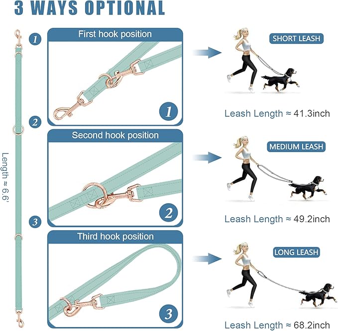 Soft Leather Dog Collar and Leash (6.6') Set - Stylish Rose Gold Heavy Duty Metal Buckle, 4 Adjustable Lengths Leash for Small Medium Large Dogs - Comfortable & Easy to Clean Mint Green S(12.2"-16.9")