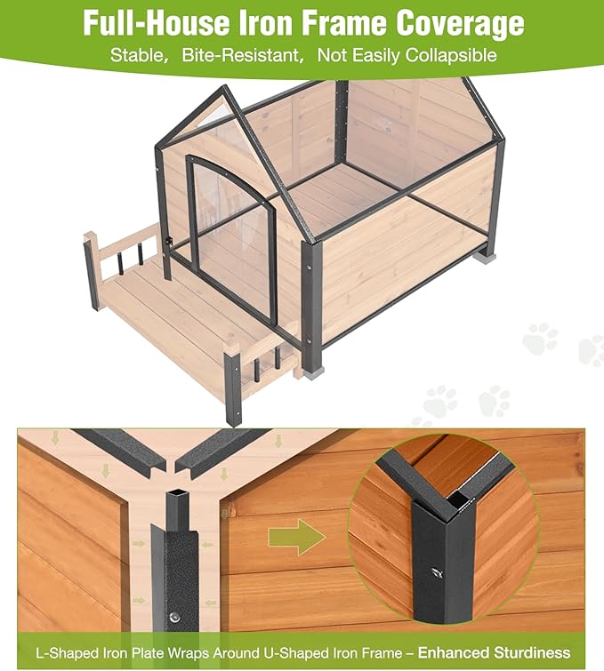 GUTINNEEN Heated Dog House Outdoor for Winter with Anti-Bite Design, Dog Kennel with Heating Blanket, Asphalt Roof, for Small to Medium Dogs - Brown