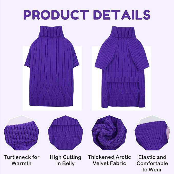 Dog Sweater for Medium Dogs, Warm Winter Fall Dog Sweaters for Dog Girls Boys, Turtleneck Dog Knitwear, Doggie Christmas Sweater, Pet Sweatshirt Clothes Knit French Bulldog, Beagle (Purple M)