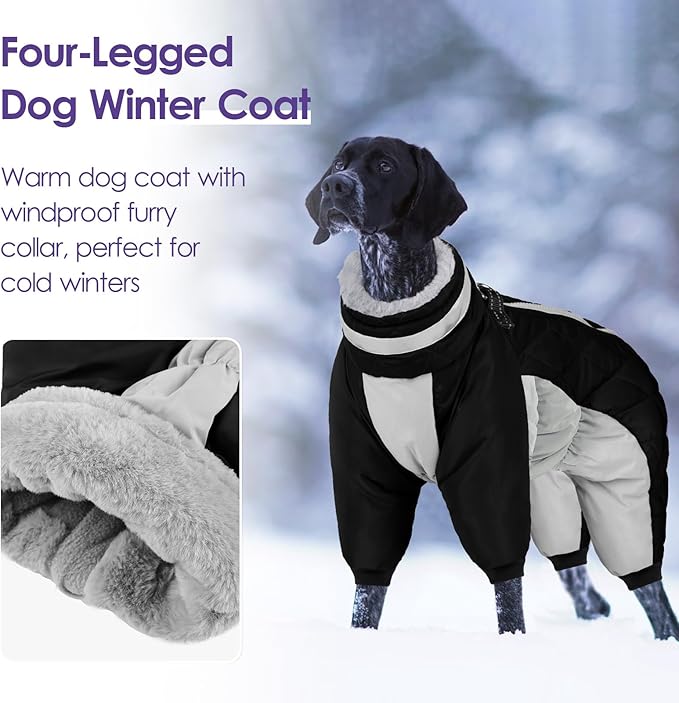 SUNFURA Full Body Dog Coat - Warm Fleece Jacket for Large Dogs, Turtleneck Winter Coats with Harness, Reflective Dog Snowsuit Windproof Puffer Jackets with Legs for Weimaraner, Black XL