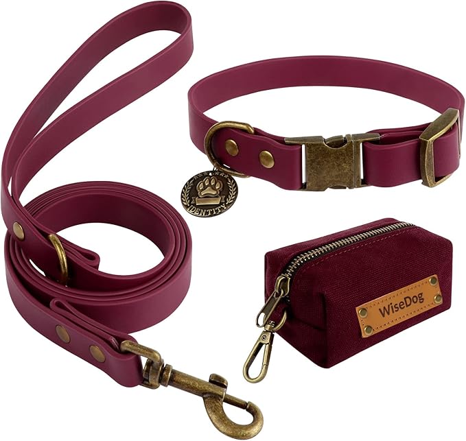 Wisedog Dog Collar and Leash Set, Waterproof Adjustable Puppy Collars with Cute Tag 6FT Dog Leash with Poop Bag for Small Medium Large Dogs (M, Burgundy)